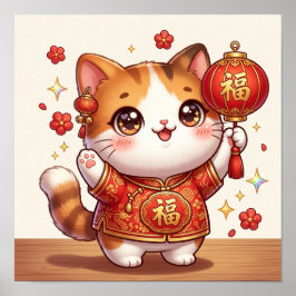 かわいいラッキーキャット旧正月ランタンフェスティブ ポスター