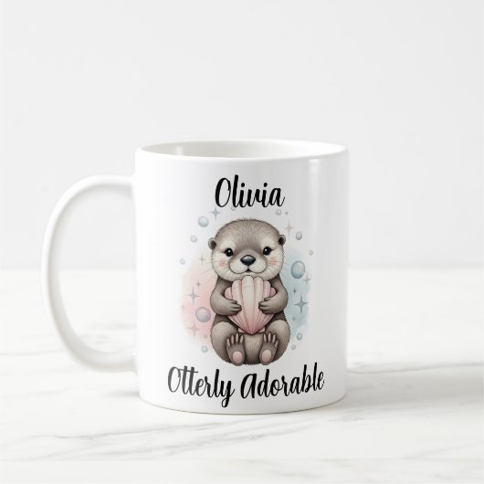 かわいいラッコと貝殻のイラスト "Otterly Adorable" コーヒーマグカップ (左)