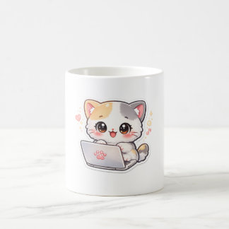 かわいいラップトップで仕事をする猫のマグカップ - 楽しい コーヒーマグカップ