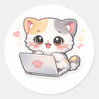 かわいいラップトップ猫ステッカー | かわいいちび猫仕事中 ラウンドシール