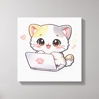 かわいいラップトップ猫ステッカー | かわいいちび猫 キャンバスプリント