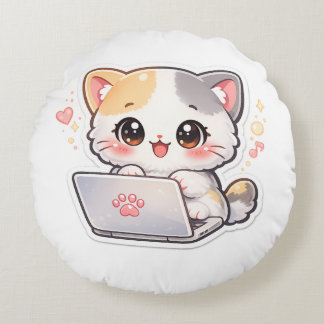 かわいいラップトップ猫丸枕 | かわいいちび猫 ラウンドクッション