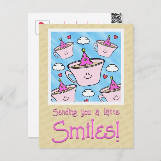 かわいいラテの笑顔 コーヒー好きな人へ 誕生日おめでとう ポストカード (正面/裏面)