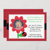 かわいいラディバグが3歳3歳の誕生日、水玉模様 招待状 (正面/裏面)