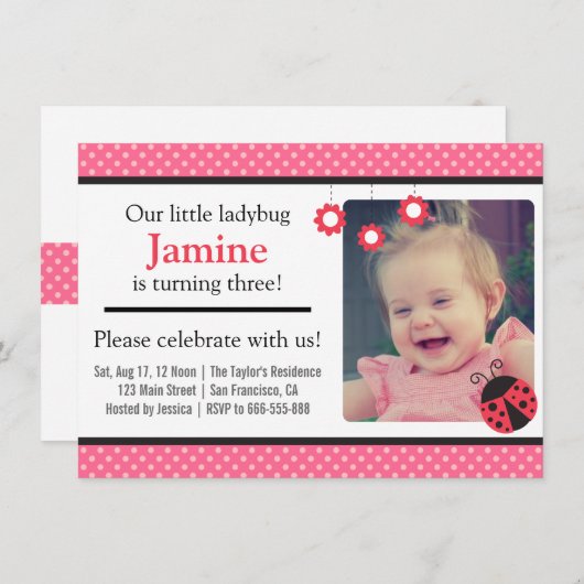 かわいいラディバグと水玉模様の誕生日パーティー写真 招待状 (正面/裏面)