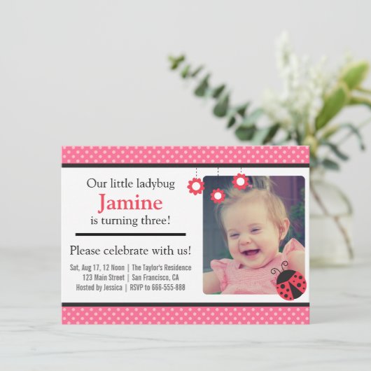 かわいいラディバグと水玉模様の誕生日パーティー写真 招待状 (スタンド正面)