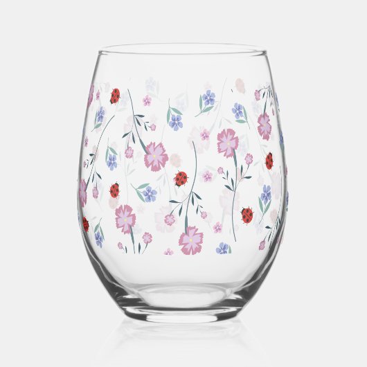 かわいいラディバグ水玉模様デイジーフラワー自然パターン ステムなしワイングラス (正面)