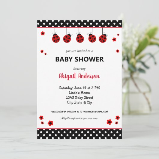 かわいいラディバグ水玉模様ベビーシャワー招待状 招待状 (スタンド正面)
