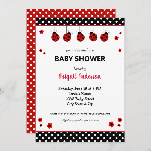 かわいいラディバグ水玉模様ベビーシャワー招待状 招待状 (正面/裏面)
