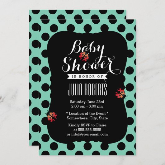 かわいいラディバグ水玉模様ミントグリーンベビーシャワー 招待状 (正面/裏面)