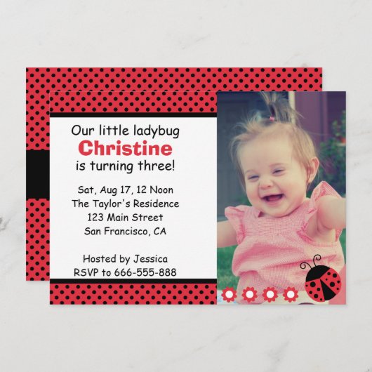 かわいいラディバグ誕生パーティー3番水玉模様 招待状 (正面/裏面)