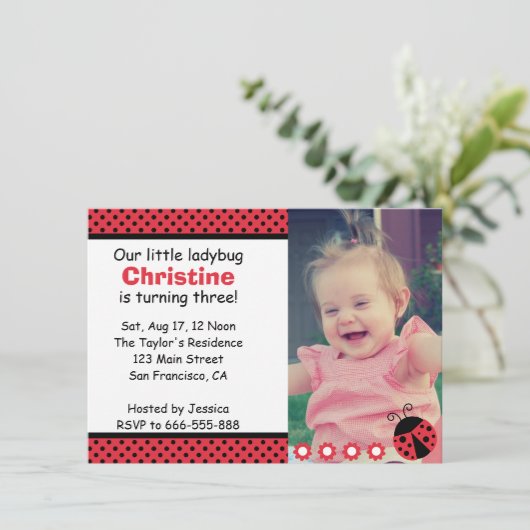 かわいいラディバグ誕生パーティー3番水玉模様 招待状 (スタンド正面)