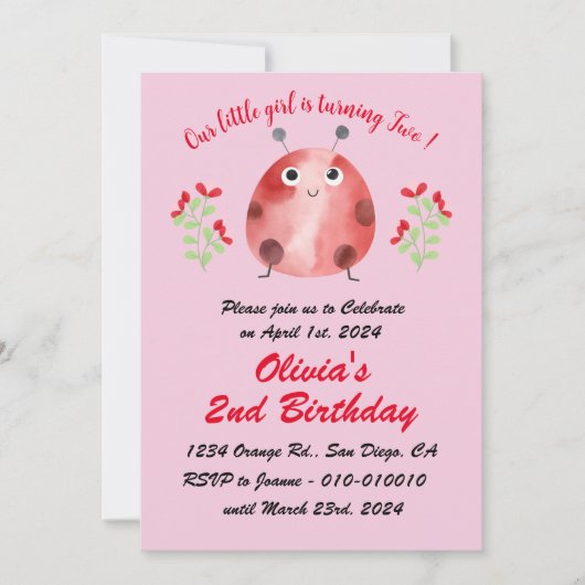 かわいいラディバグ2回目の誕生日パーティの招待状 招待状 (正面)