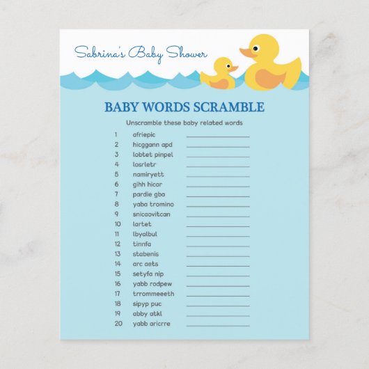 かわいいラバーアヒルテーマベビーシャワーゲーム (裏面)