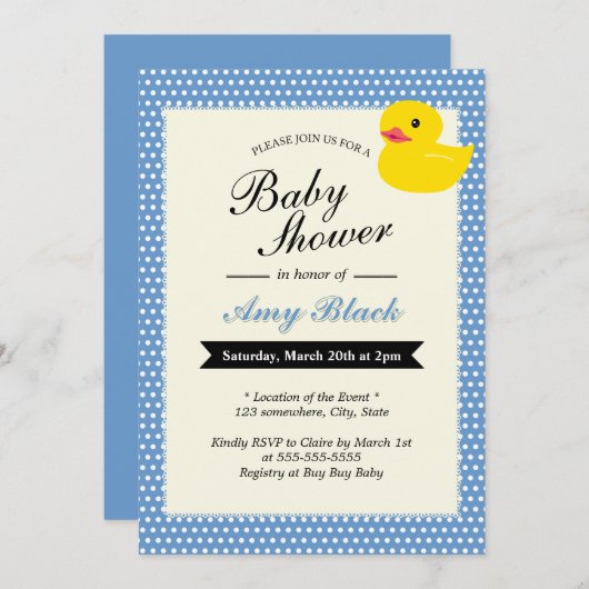 かわいいラバーアヒル水玉模様ベビーシャワー招待状 招待状 (正面/裏面)