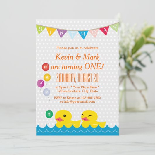 かわいいラバーダックツインズ水玉模様誕生日パーティー 招待状 (スタンド正面)