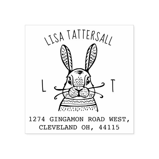 かわいいラビットアニマルモノグラム&ネーム差出人住所 ラバースタンプ (インプリント)