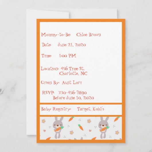 かわいいラビットオレンジ色の男の子シャワー 招待状 (裏面)