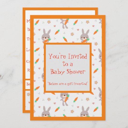 かわいいラビットオレンジ色の男の子シャワー 招待状 (正面/裏面)