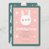 かわいいラビットピンクグリーンパープルスターズ誕生日 招待状 (正面/裏面)