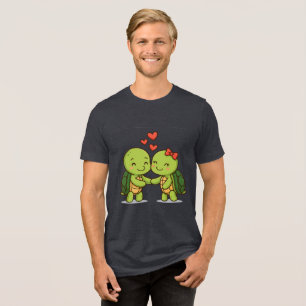 かわいいラブタートル 愛らしいキャラクターカップル トライブレンドTシャツ