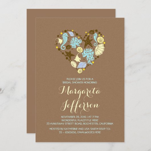 かわいいラブハートビーチブライダルシャワー招待状 招待状 (正面/裏面)