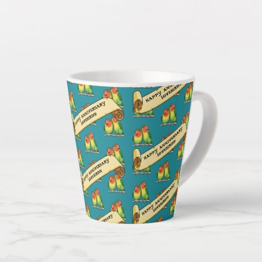 かわいいラブバードハッピーアニバーサンバーロマンチックレトロ カフェラテマグ (右アングル)