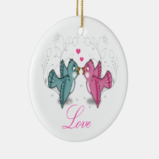 かわいいラブバードピンクブルーが花を巻く セラミックオーナメント (右)