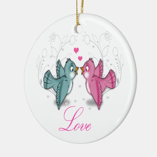 かわいいラブバードピンクブルーが花を巻く セラミックオーナメント (左)