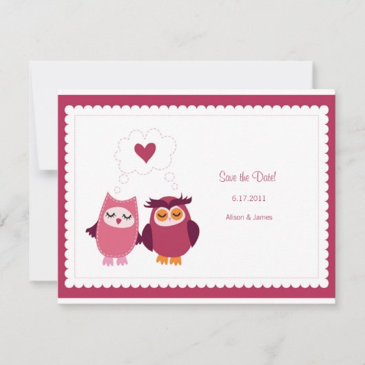 かわいいラブバードフクロウ Save the Date 発表 招待状 (正面)