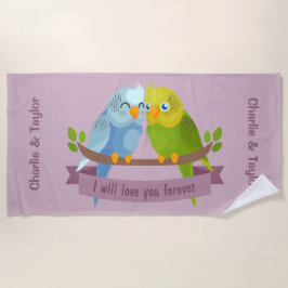 かわいいラブバード名前をカスタムするビーチタオル ビーチタオル