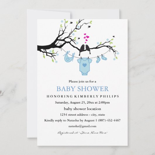 かわいいラブバード男の子ベビーシャワー招待状 招待状 (正面)