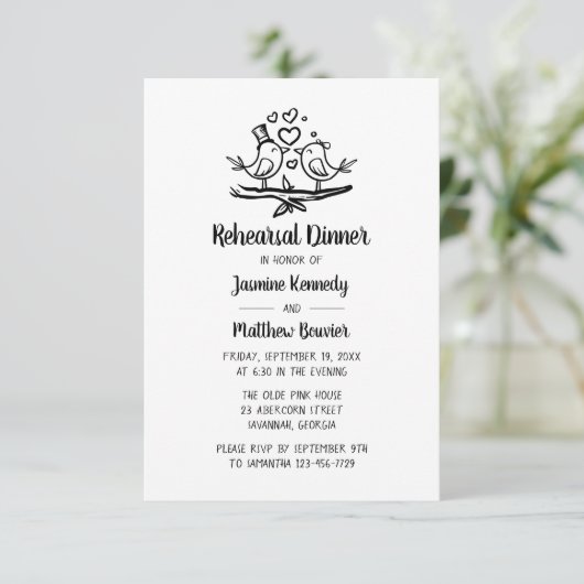 かわいいラブバード白黒結婚のリハーサルディナー 招待状 (スタンド正面)