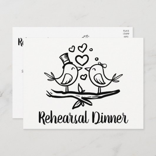 かわいいラブバード結婚白黒のリハーサルディナー インビテーションポストカード (正面/裏面)