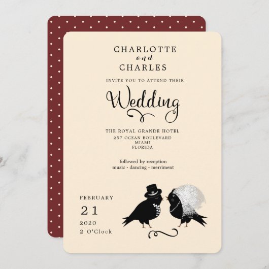 かわいいラブバード花嫁と花婿エレガント招待状 招待状 (正面/裏面)