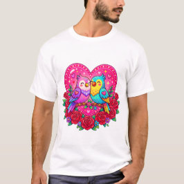 かわいいラブバード ハート フラワー Tシャツ