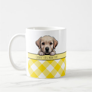 かわいいラブラドールの子犬 ベスト・ドッグ・ママ 黄色ギンガムチェック コーヒーマグカップ