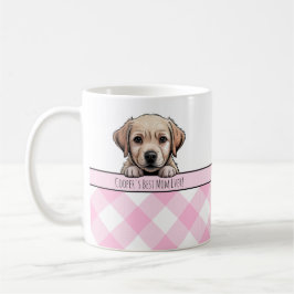 かわいいラブラドール子犬 ベストドッグママ ピンクのギンガム コーヒーマグカップ