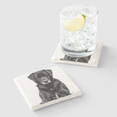 かわいいラブラドール黒犬の子犬ペットスケッチ ストーンコースター (横)