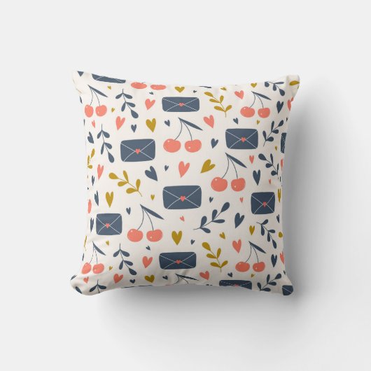 かわいいラブレターとさくらんぼパターン クッション (正面)