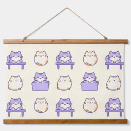 かわいいラベンダーのでぶ猫 パステルカラーのかわいいキャンバスプリント 吊り下げ型タペストリー