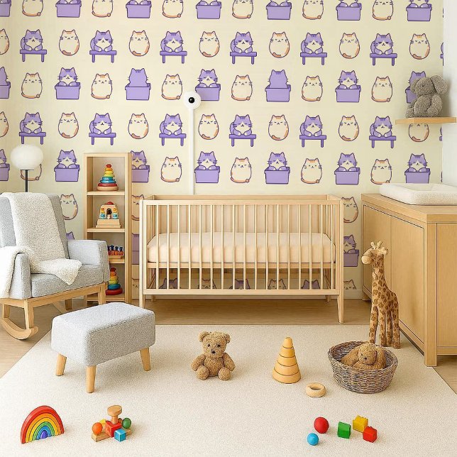 かわいいラベンダーのでぶ猫 パステル調の保育園の壁紙 壁紙 (Kawaii Lavender Chonky Cat Pastel Nursery Wallpaper)