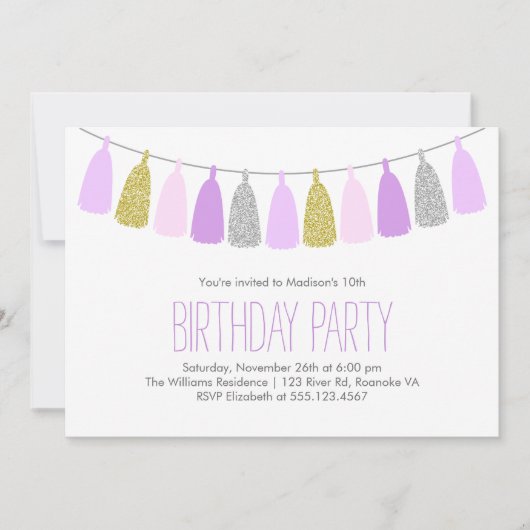かわいいラベンダーガーランドガールズバースデーパーティー 招待状 (正面)