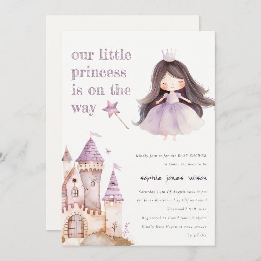 かわいいラベンダー姫の城 水彩 ベビーシャワー 招待状 (正面/裏面)