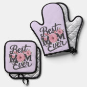 かわいいラベンダー パープル ベストマムエバー 鍋つかみ&鍋敷きセット (正面/裏面)