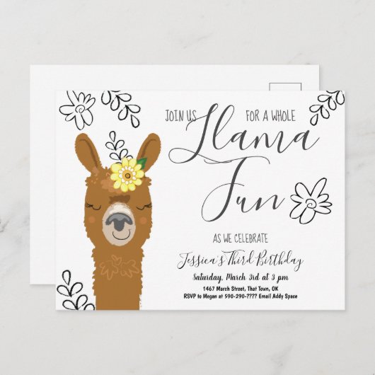 かわいいラマおもしろいガールズバースデーパーティー招待状 インビテーションポストカード (正面/裏面)