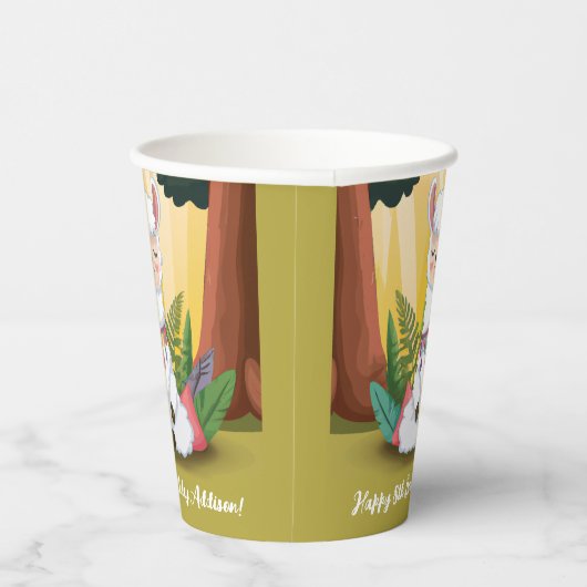 かわいいラマが魔法の森で瞑想する誕生日 紙コップ (右)