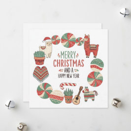 かわいいラマとポンチョのクリスマスカード アンデスタイル シーズンカード