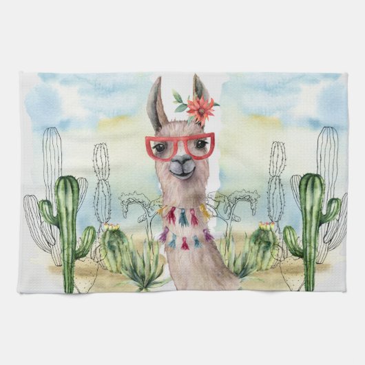 かわいいラマと花 キッチンタオル (横)