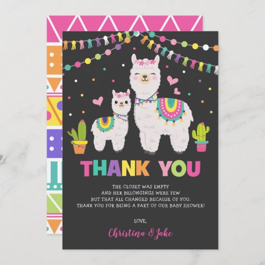 かわいいラマの女の子のベビーシャワーのフェスタのサンキューカード サンキューカード (正面/裏面)